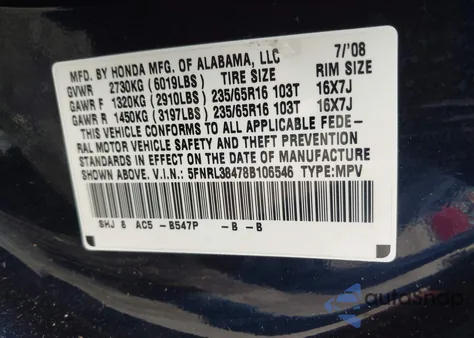 2008 Honda Odyssey Ex z USA, uszkodzony, nr VIN 5FNRL38478B106546